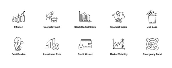 Financial Distress and Economic Impact Icon Set. Includes Inflation, Unemployment, Credit Crunch, Investment Risk, and Emergency Fund Concepts. Editable Stroke.