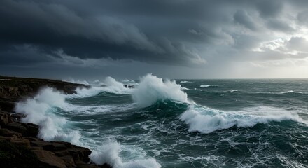 Obraz premium Powerful waves crash against a rocky shore during a stormy sea.