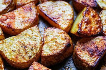 Baked potato pieces close-up. Background with rustic potato texture.