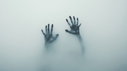 Two decaying zombie hands are reaching out from a misty surface, creating a chilling and suspenseful scene of survival horror in a post apocalyptic world