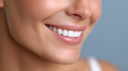 Fototapeta premium Beautiful Female Smile with White Teeth, Cropped Image Against Plain Blue Background, Indoor Lighting. woman smile, white teeth, healthy teeth, close-up mouth, gentle smile, blue background, dental 