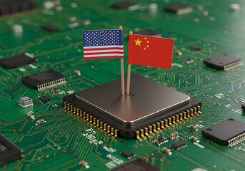 American and Chinese flags on a computer chip, representing global technological influence.