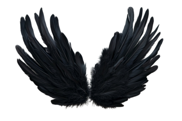 Black feathery spread wings on a transparent background, creating a dramatic and ethereal effect