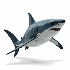 Obraz premium A great white shark swimming with its mouth open showing its sharp teeth on a white background