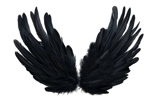 Black feathery spread wings on a transparent background, creating a dramatic and ethereal effect