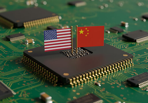 Miniature flags of the US and China rest on a computer chip, a tech rivalry concept.