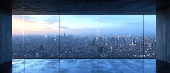 Naklejka premium Cityscape view through a large office window with a blue cast at dusk, buildings below