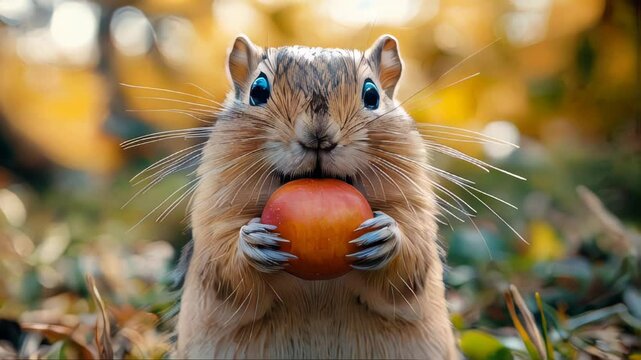 A curious gopher looks directly at the camera, surrounded by vibrant green grass and wildflowers, creating a charming wildlife moment