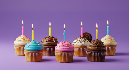 Sweet Birthday Delight: 3D Rendered Cupcakes with Candles AI Generated
