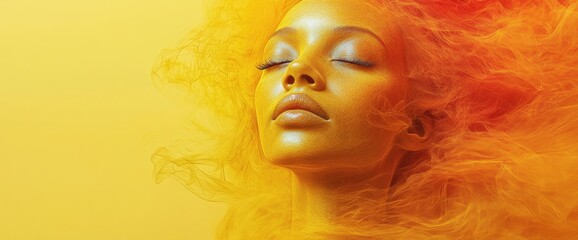 Fototapeta premium Serene woman amidst orange smoke, eyes closed in peaceful meditation, bathed in a soft, golden light