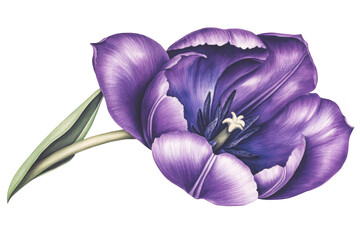 Realistic Isolated Watercolor Tulip Illustration with Purple Petals and Green Stem