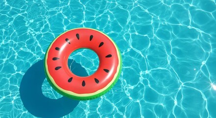 Colorful watermelon inflatable float in a swimming pool with clear blue water
