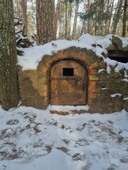 Tiny dwarf village hidden in the forest. Snow covered elf houses. Whimsical travel place. Closed front door