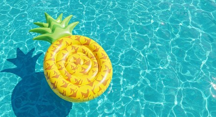 Yellow pineapple inflatable float in a swimming pool with shimmering blue water
