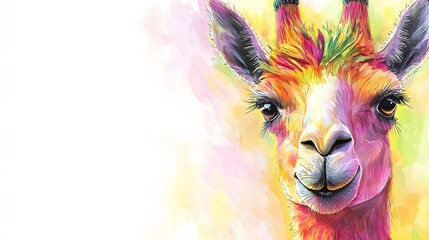 Vibrant Watercolor Portrait of a Smiling Llama with Colorful Fur Against a Soft Background