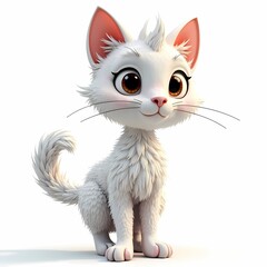 Obraz premium A cartoon style white cat with big brown eyes sitting on a white background looking forward