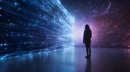 Futuristic Holographic Display of Luminous Projections and Dynamic Pixel Surges Creating Ethereal Digital Landscapes
