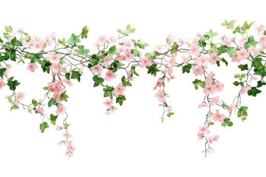 Pink flowers and green leaves cascade gracefully against a transparent background, creating a floral border