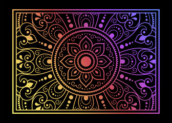 Color decorative panel with circular pattern in form of mandala with flower for decoration or print. Decorative ornament in ethnic oriental style. Rainbow design on black background.