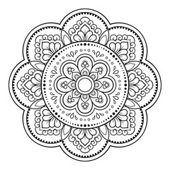 Circular pattern in form of mandala with flower for Henna, Mehndi, tattoo, decoration. Decorative ornament in ethnic oriental style. Outline doodle hand draw vector illustration.