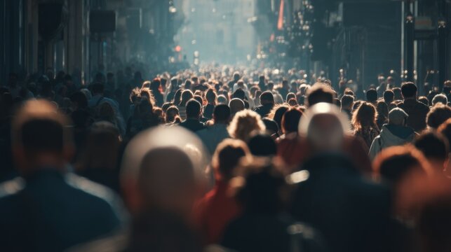 Dense crowd people walk city street. Human population growth, overpopulation concept.