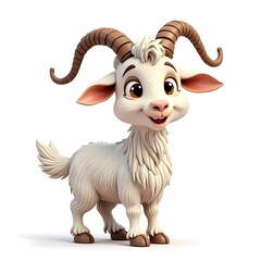 A cartoon goat with large brown horns and big brown eyes standing on a white background