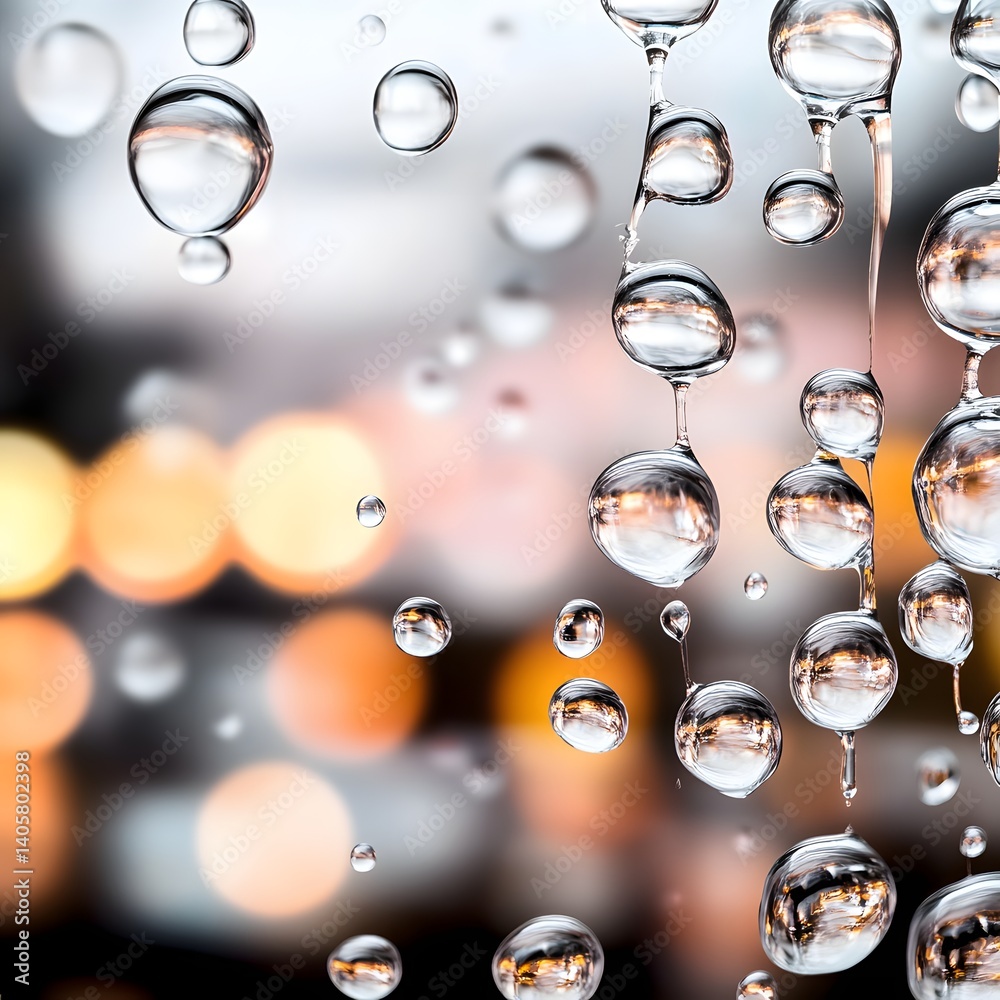 Wall mural close-up of water droplets on a surface with blurred bokeh background and reflective light