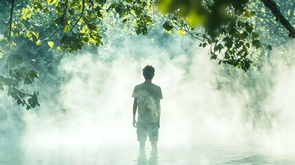 Obraz premium Solitary silhouetted figure standing amidst a refreshing outdoor scene of light mist and soft vibrant greenery The tranquil atmospheric ambiance evokes feelings of brightness freshness and vitality