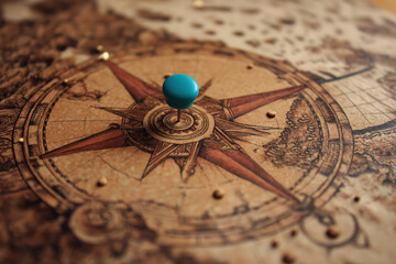 Close-up of a turquoise pin on an antique compass rose, detailed map background, suggesting journey, exploration, or discovery