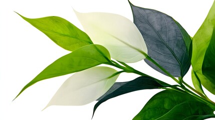 Close Up of Lush Green and White Leaves on a Branch against a Light Background