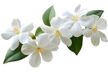 Fototapeta premium Exquisite Cluster White Gardenia Blossoms with Lush Green Leaves on White Backdrop