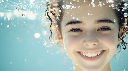 A young woman s radiant and joyful smile is enchantingly framed by a dance of water droplets in a clean minimalist setting that evokes a sense of freshness vitality and tranquility