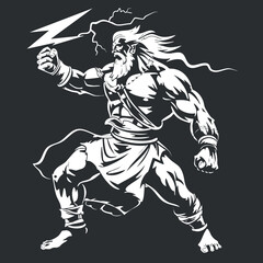 A powerful muscular god wielding lightning in a dynamic pose against a dark background.