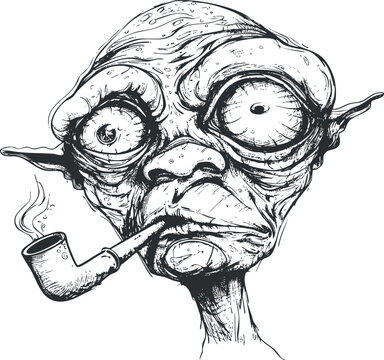 A quirky black and white illustration of a peculiar alien character smoking a pipe.