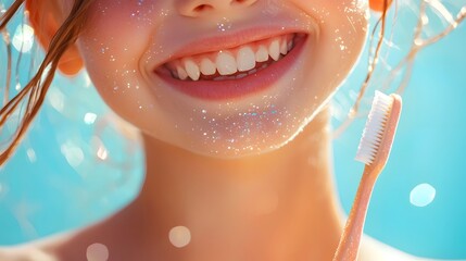 Close up Portrait of a Smiling Child Holding a Toothbrush Emphasizing the Importance of Dental Hygiene Freshness and Vibrant Vitality