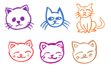 Cat Head Crayon Chalk Drawing Vector Set