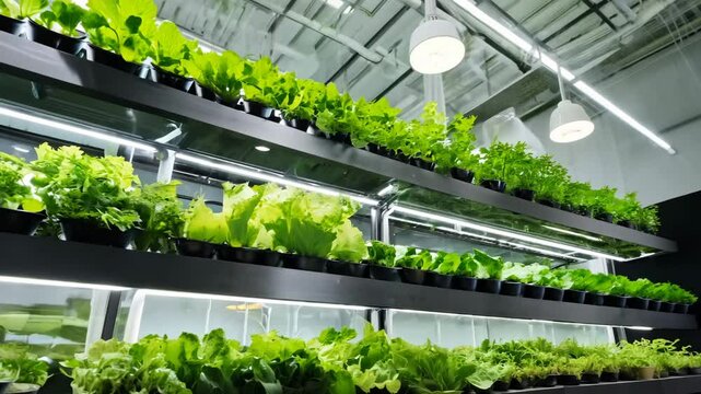 Modern Vertical Farm Growing Leafy Greens Under LED Grow Lights