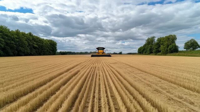 Combine Harvester Moving Through Golden Wheat Field During Summer Harvest