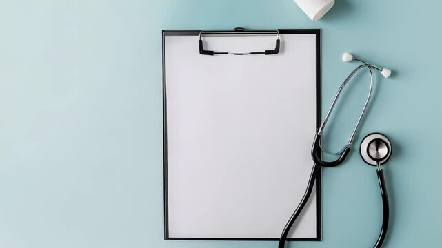 Medical supplies clipboard, stethoscope, bandage resting against soft blue background, representing healthcare workspace