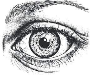 Obraz premium Detailed black and white sketch of a human eye showcasing intricate features and textures.