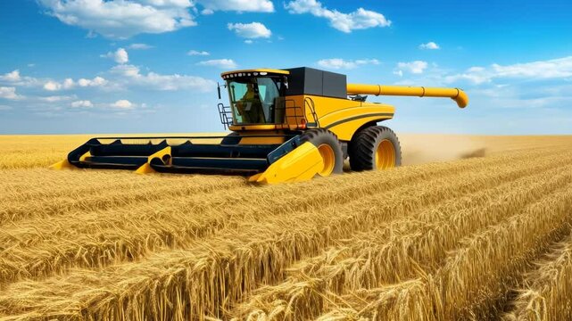 Modern Combine Harvester Working in Golden Wheat Field Sunny Day