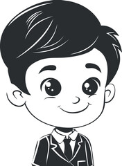 Obraz premium A cheerful cartoon boy in a suit with a friendly smile in black and white.