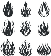 A collection of nine stylized black flame icons representing fire and heat.