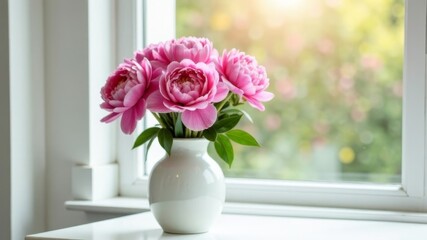 A bouquet of peonies stands in a white vase on the windowsill near the window