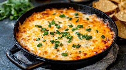 Cheesy baked dip with green onions and tortilla chips in cast iron skillet