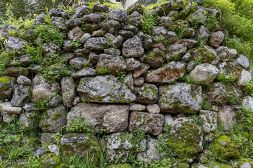Large rocks with moss and other plants are piled high up