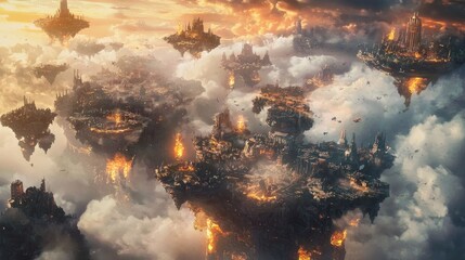 Fototapeta premium Floating Cities: A fiery sunset over a breathtaking archipelago of majestic