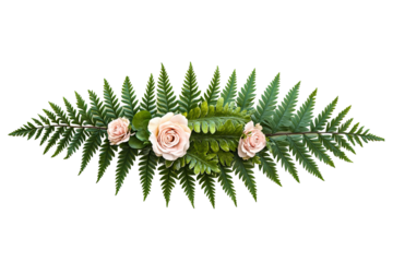 Fern fronds and pale pink roses form an ornamental floral element over a transparent background, creating an elegant botanical arrangement
