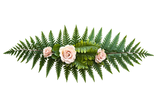 Fern fronds and pale pink roses form an ornamental floral element over a transparent background, creating an elegant botanical arrangement