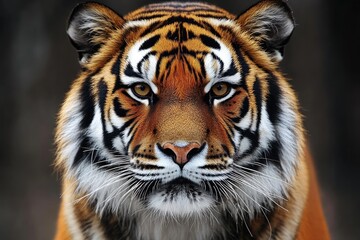 Fototapeta premium Majestic tiger face, orange & black stripes, intense gaze, detailed fur, expressive eyes